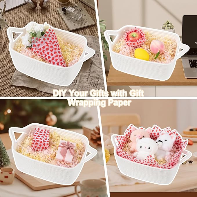 OIAHOMY Woven Basket, Gift Basket Empty with Gift Bags Ribbons and Wrap Tissue Paper, Rope Baskets for Baby Showers, Storage Baskets with Handles for Nursery, Pet Toy Organizer - Valentine's Pink