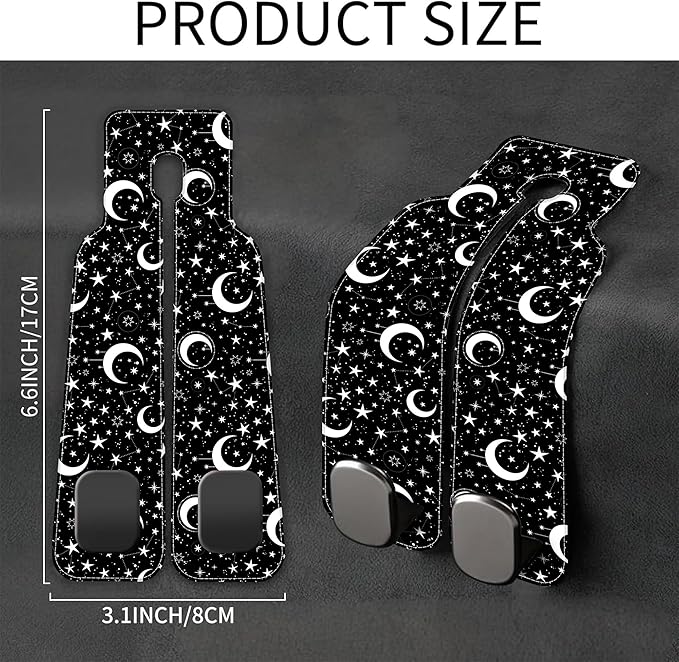 AEWNUNK 1 Pack Car Seat Headrest Hooks for Purses and Bags White Stars and Moons Bag Purse Holder for Car with Double Metal Hooks Car Purse Hanger Hanging Accessories