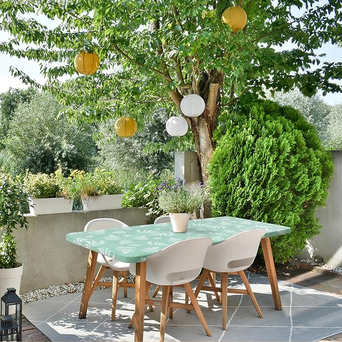 misaya Rectangle Vinyl Tablecloth, Fitted Table Cover, 100% Waterproof, Elastic Edge, Plastic Table Cloth Fit 4 Foot Folding Tables for Picnic, Camping, Outdoor (Light Green Leaves, 30x48 inch)