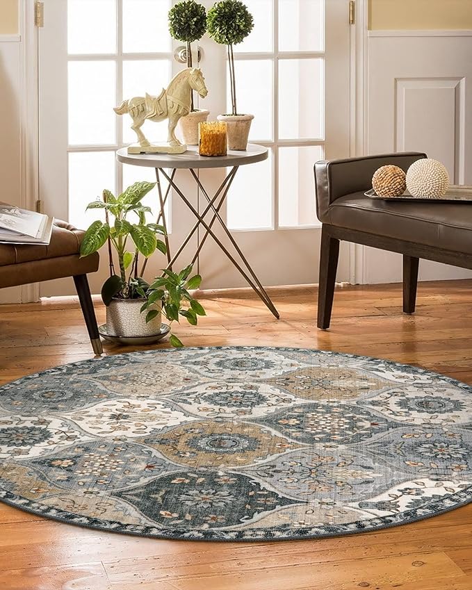 Lahome Moroccan Washable Round Area Rug, Soft Vintage Round Rug 3ft, Distress Circle Carpet for Entryway Bathroom Bedroom, Non Slip Low Pile Stain Resistant Accent Rug Elise, Grey
