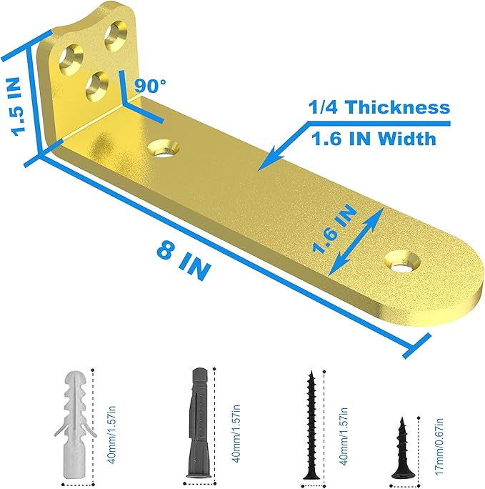 Eurydice Heavy Duty Floating Shelf Brackets, 1/4 inch Thick L Brackets, (8 in 6 Pack Gold), Holds 200 lb, Rounded Arc Edge, One-Piece, 3 Hole Mounting for Wood Shelves in Kitchen, Garage, Office, DIY