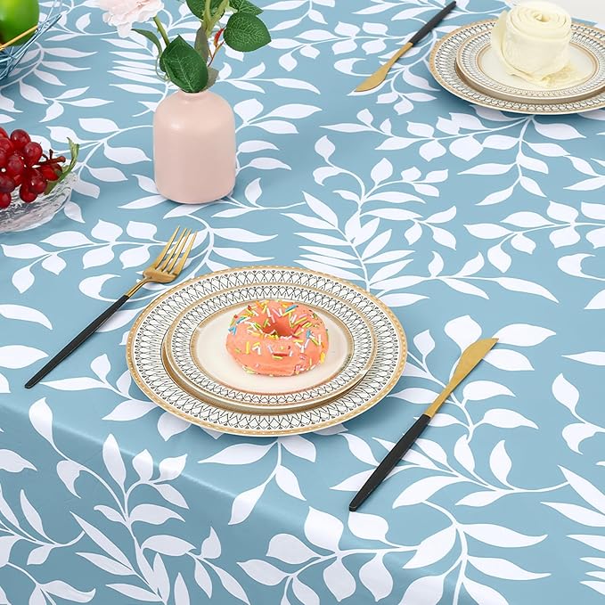 misaya Rectangle Waterproof Vinyl Table Cloth, Wipeable Tablecloth with Flannel Backing, Plastic Table Cover for Dinner, Picnic, Indoor and Outdoor (Blue Leaves, 60" x 102")