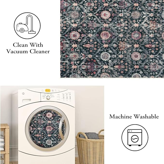 Lahome Moroccan Trellis Washable Small Area Rug, 3x5 Black Rug for Bedroom Living Room, Non-Slip Oriental Throw Carpet for Kitchen Office Entryway Bathroom Office Elise, Black/Multi