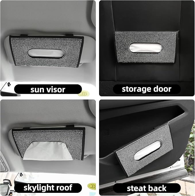 ChuLian Bling Bling Car Visor Tissue Holder Leather Crystals Paper Towel Cover Case & Glitter Sunglasses Clip for Women Black Diamond