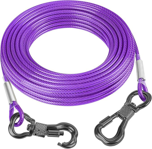 Tresbro 30FT Reflective Tie Out Cable for Dogs Up to 250 Pounds, Steel Wire Lead Leash Cable with Stainless Rotatable Buckle, Lightweight and Enduring, Dog Chains Outside for Outdoor, Yard, Purple