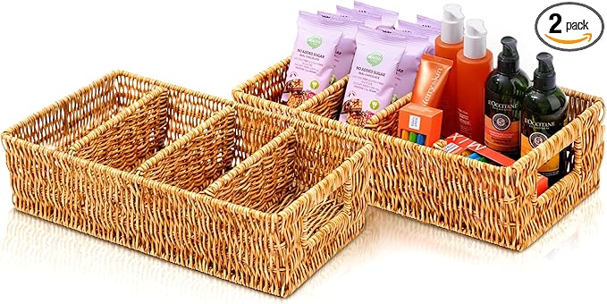 Nature-Inspired Rattan Pantry Organizer Baskets Set of 2 with 3 Removable Dividers – Handwoven Storage Bins for Kitchen or Bathroom Organization, Ideal for Snacks, Coffee & Tea (13” x 7.3” x 3.7”)