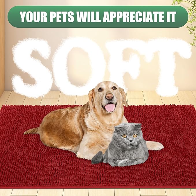 IM HOME Chenille Absorbent Outdoor Doormat 71" x 25", Washable Muddy Door Mats for Dog Non Slip Heavy Indoor Doormat Soft Front Doormats for Entryway, Mud Dog Paws, Patio Red Burgundy