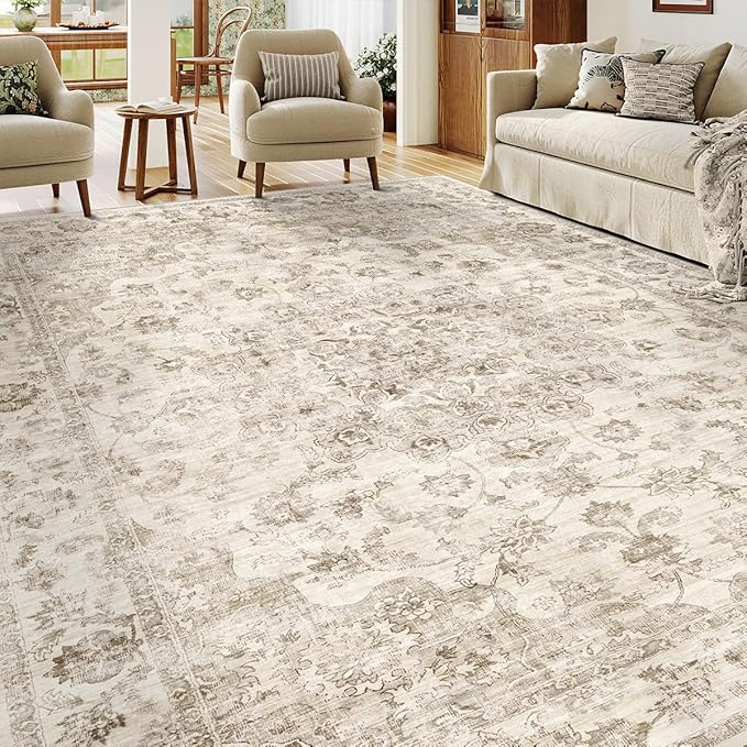 10x12 Neutral Area Rug Beige Vintage Living Room Bedroom Washable Carpet Non-Slip Soft Low Pile Farmhouse Indoor Large Throw Rug for Dining Room Office