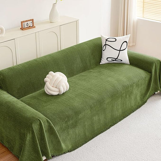 hyha Couch Cover for Dogs, Boho Sofa Covers for 3 Cushion Couch Washable, Chenille Sofa Slipcover for Pets, Soft Loveseat Sectional Couch Throw Blankets with Tassels (Green, 71x118 Inch)