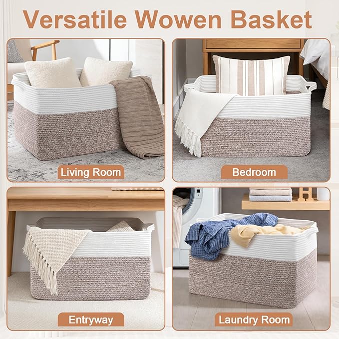 105L XXXL Large Blanket Basket, Rectangular Cotton Rope Basket, Laundry Hamper for Blankets, Pillows, Extra Large Toys Storage Bins for Kids, Dogs 25" x 16" x 16", White & Brown