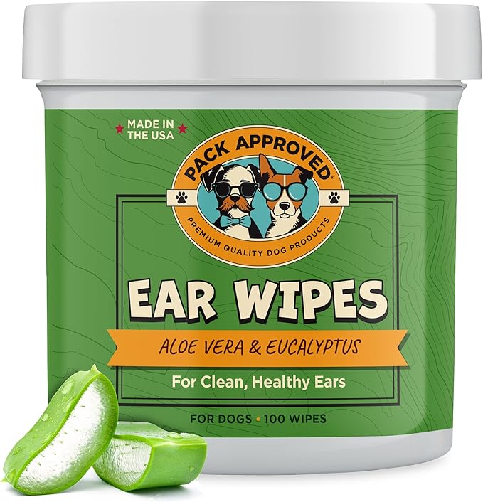 Ear Wipes for Dogs with Aloe Vera & Eucalyptus - Gentle Ear Cleaner for Dogs to Help Remove Wax and Odor - Convenient and Mess-Free Cleaning Pads for Dirty, Itchy Ears - 100 Wipes
