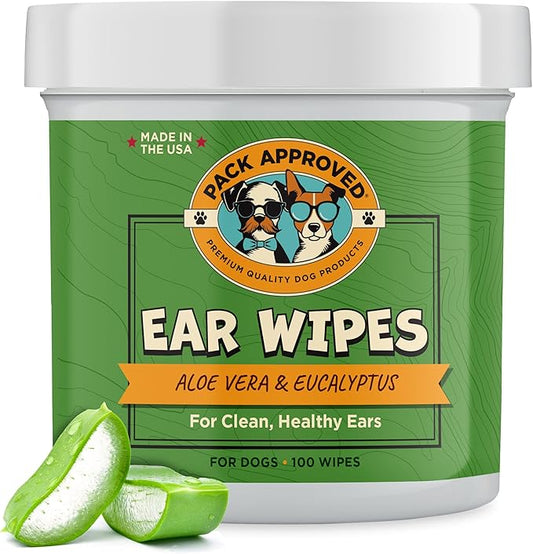 Ear Wipes for Dogs with Aloe Vera & Eucalyptus - Gentle Ear Cleaner for Dogs to Help Remove Wax and Odor - Convenient and Mess-Free Cleaning Pads for Dirty, Itchy Ears - 100 Wipes