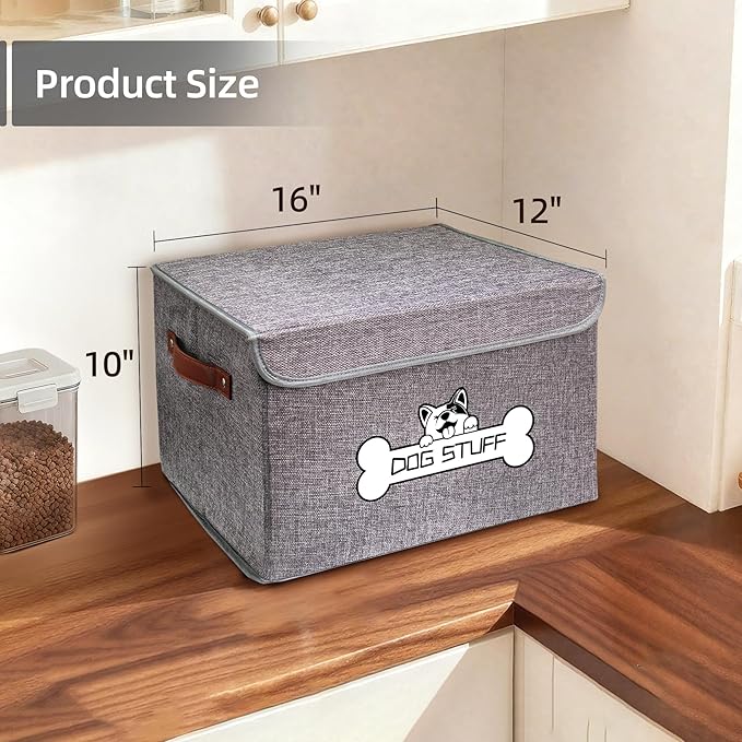 Thankspaw Fabric Dog Toy Box with Lid, Collapsible Storage Bin, Basket Organizer with Handle for Dog Toys, Blankets and Accessories, Grey