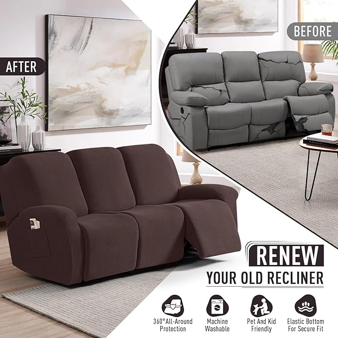 TAOCOCO Recliner Sofa Covers 8-Pieces Stretch Large Couch Covers for 3 Seats Reclining Slipcovers Soft Jacquard Pattern Furniture Protector (Dark Coffee)
