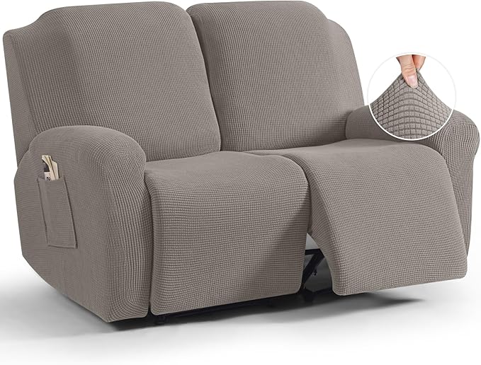 TAOCOCO Recliner Loveseat Slipcover, 6 Pieces Dual Recliner Sofa Covers for 2 Seat Dual Reclining Loveseat Couch, Stretch Soft Jacquard Pattern Furniture Protector with Elasticity (Pale Brown)