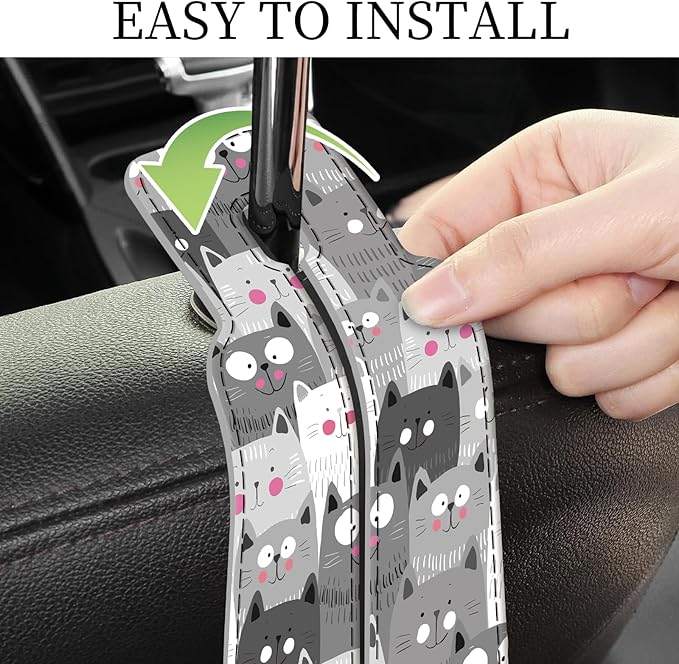 PU Leather Car Seat Hook, Storage Headrest Hanger, Cute Car Backseat Organizer, Car Hooks For Purses and Bags Grey Cartoon Cats