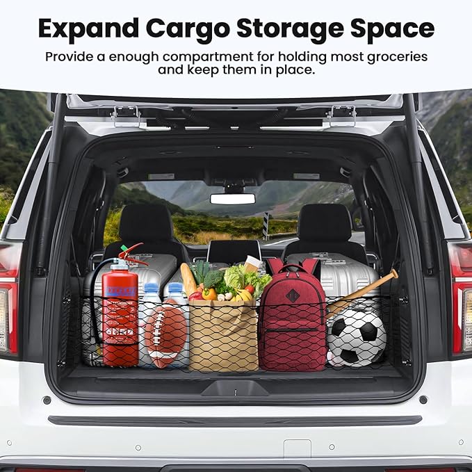Cargo Net for Chevy Suburban Tahoe GMC Yukon&Yukon XL Cadillac Escalade 2021–2025 2026 Envelope Style Heavy Duty Elastic Mesh Trunk Cargo Organizer Easy Install Storage Net with Hooks
