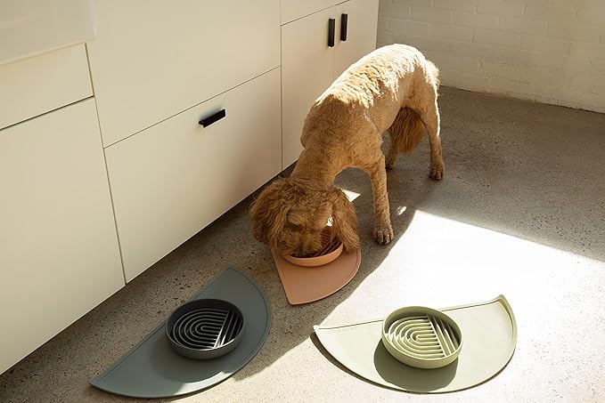 Should We Go? Waterproof Silicone Pet Food Mat - Non-Slip, Spill-Proof Feeding Mats for Floors, Raised Edge Design, Easy-to-Clean Mat for Dog & Cat Bowls, 21" Across x 10.5" Deep, Medium-Sage Green