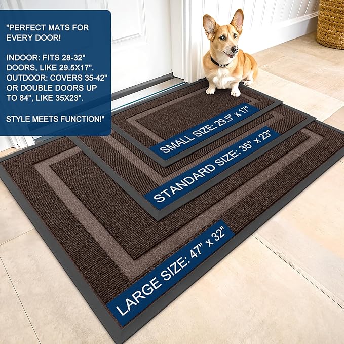 OLANLY Front Door Mat Indoor Outdoor Entrance, Waterproof All-Season, All-Weather Doormat, Sturdy Natural Rubber, Fade Resistant, Low Profile, Easy Clean Patio Porch Entryway Mat, 33x21, Dark Brown