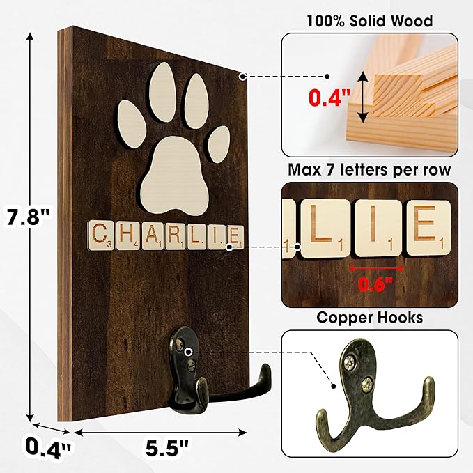 VINARTSVN Dog Leash Holder Wall Mount, Pet Harness Hanger with Scrabble Letters, Dog Collar Organizer for Entryway, Memorial Cat Leash Holder for Wall, Pet Loss Gifts, Keepsake, Home Decor PF212-W