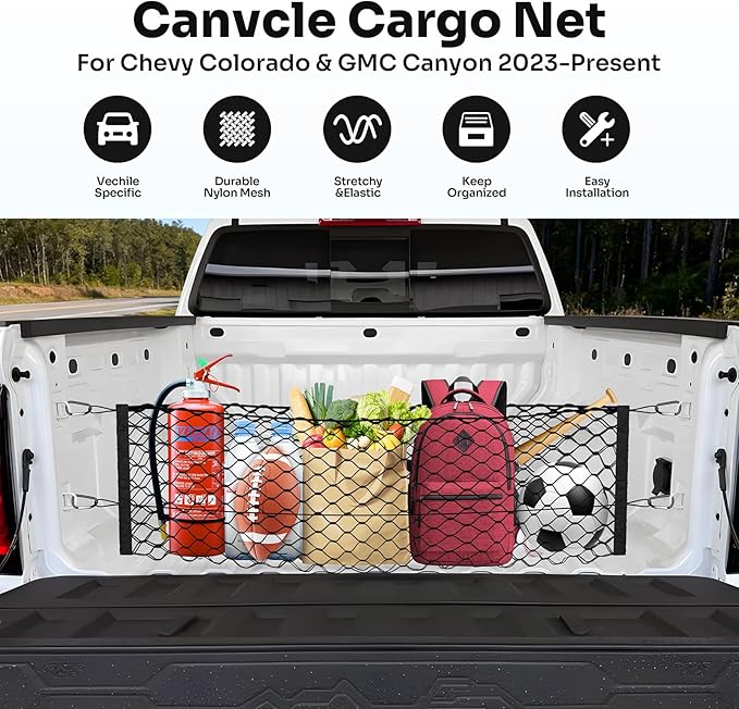 Trunk Cargo Net for 2023-2025 2026 Chevy Colorado &GMC Canyon Accessories Envelope Style Mesh Trunk Net Organizer and Storage Stretchable Adjustable Elastic Nylon Rear Cargo Netting with Hooks