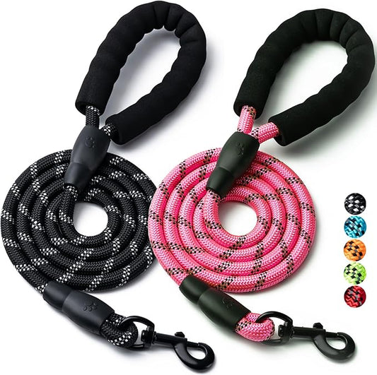 2 Pack Dog Leash, 4/5//6 FT Heavy Duty Nylon Rope Pet Leashes with Comfortable Padded Handle, Reflective Dog Leashes for Small Medium and Large Dogs (6FT-3/8,Black/Pink)