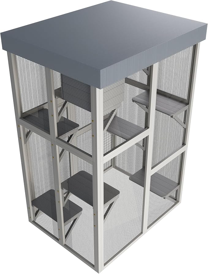 LOVMOR 70" Tall Outdoor Wooden Catio with 5 Platforms & 2 Resting Boxes, Rounded Corner Design, UV-Resistant & Waterproof, Rust-Proof Metal, Secure Locking Mechanism