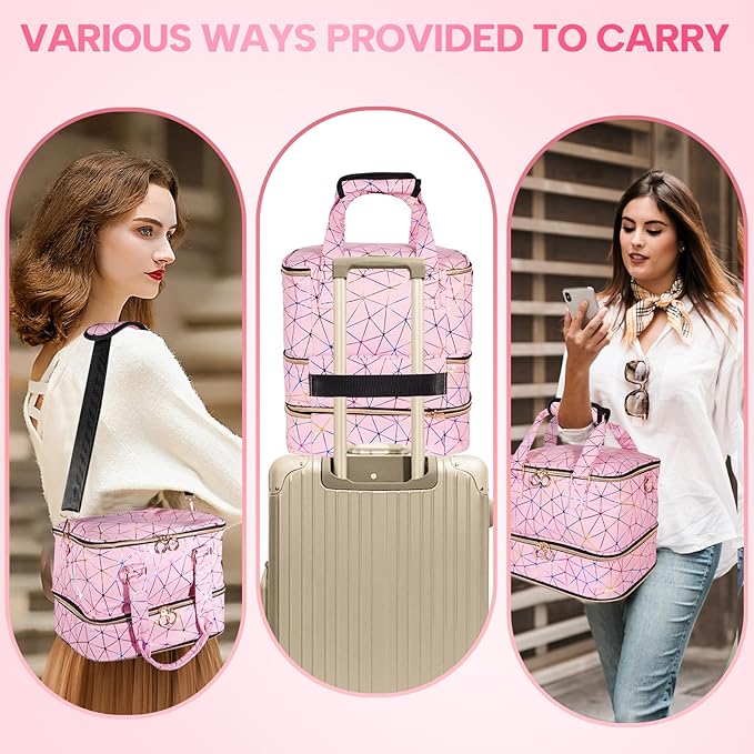 Nail Polish Organizer Bag Holds 84 Bottles & Nail Lamp, 3 Layers Nail Kit Storage Carrying Case Pu Leather, Large Nail Supplies Organizer With Shoulder Strap, Portable Travel Nail Bag,Pink