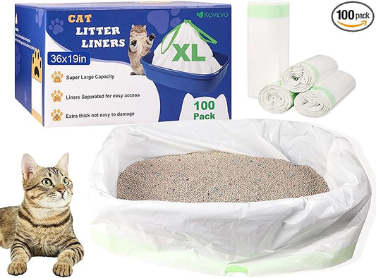 100 Pack Jumbo Cat Litter Bags - 3MIL Extra Thick Heavy Duty Cat Litter Box Liners, 36"x19" Drawstring Large Cat Litter Liners for Litter Boxes, Easy Clean Up Kitty Litter Liner XL
