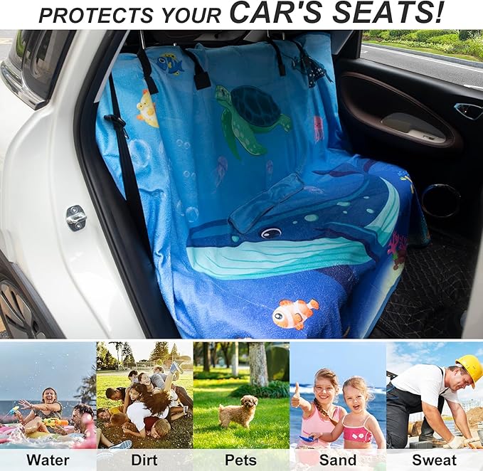 Waterproof Sweating Car Seat Cover for Post Gym Workout, Running, Swimming, Beach and Hiking, Universal Fit Non-Slip Bucket Seat Protector for Cars SUV Trucks, Machine Washable (Bench Ocean)
