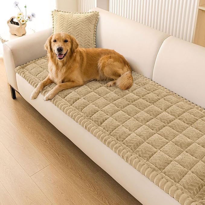 Smiry Non Slip Couch Covers for Dogs, Fuzzy Pet Couch Covers for 2-3 Cushion Sofa Pet Friendly, Soft Sofa Slipcovers Cushion Furniture Protector Washable (Khaki, 27.6" x 59")