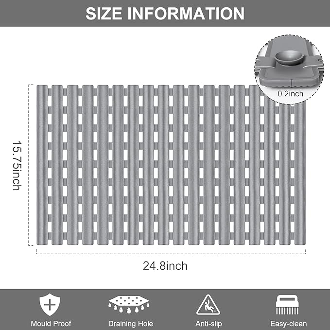 Yolife Quick Drain Shower Mat, 24.8 x 15.8 inch Power Grip Shower Mat Non Slip, Raised Non Slip Shower Mats for Inside Shower, Heavy Duty Curlable Stand up Shower Floor Mat,Grey