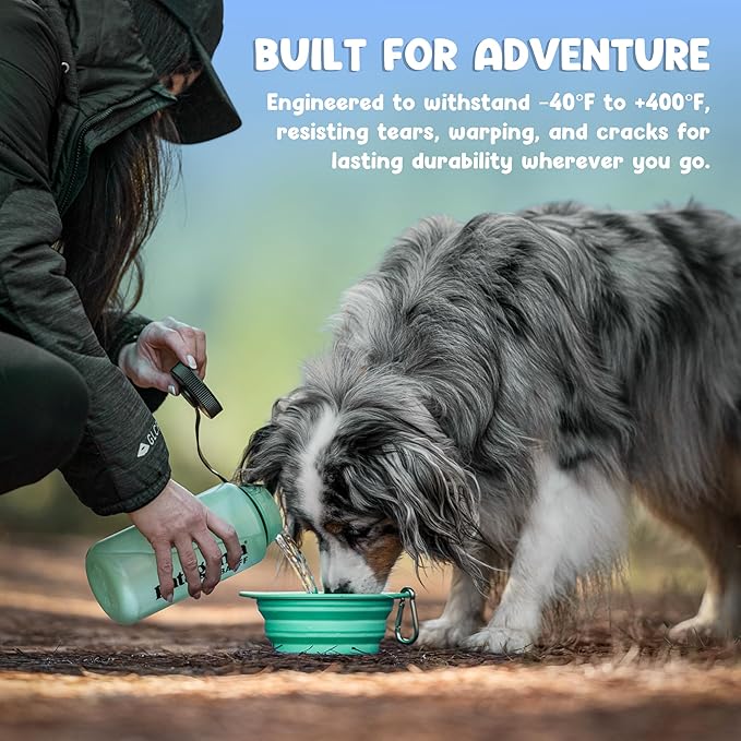 Collapsible Dog Bowl - 800ml/27 oz Portable Silicone Travel Water Bowl for Dogs with Carabiner | Foldable, Dishwasher Safe | Hiking, Camping Dog Essentials & Outdoor Pet Feeding - Green