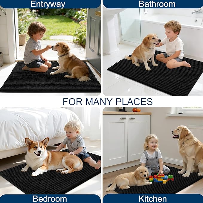 OLANLY Dog Door Mat for Muddy Paws 47x20, Ultra Absorbent Chenille Mud Doormat, Non-Slip Washable and Dirt Trapping Doormat for Indoor Entryway, Quick-Dry Indoor Pet Bed Mats for Dogs, Black