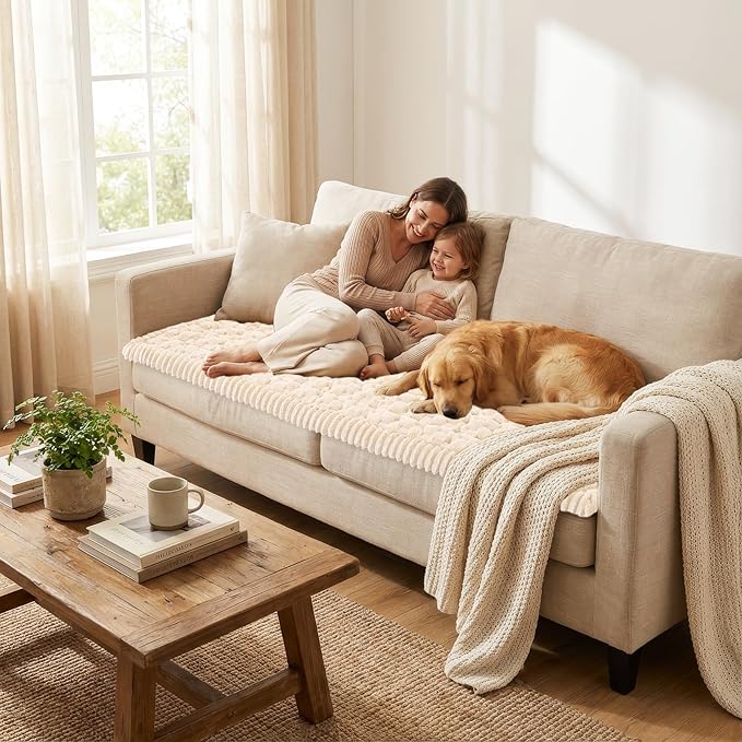 Smiry Pet Couch Cover for 3 Cushion Sofa, Non-Slip Fuzzy Couch Cover for Dogs Washable, Thick Soft Sofa Slipcovers Cushion Protector Pet Friendly (Cream, 27.6" x 70.9")