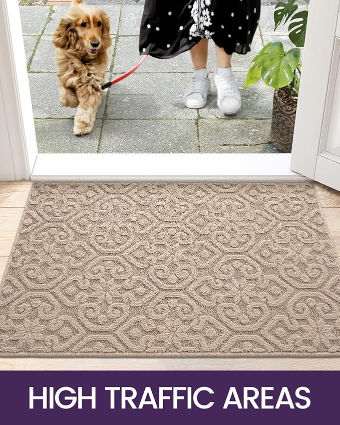 DEXI Front Door Entryway Mat Non Slip, 17x30 Washable Inside Entrance for House Floor Low Profile, Thin Entry Doormat Absorbent Dirt Trapper, Light Beige
