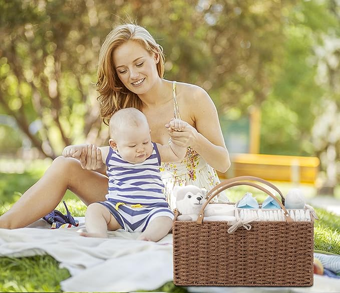 HBlife Baby Diaper Caddy Organizer, Paper Rope Storage Baskets Nursery Bin with Removable Divider, Portable Car Organizer for Diapers, Baby Shower Gifts, Newborn Essentials Must Haves