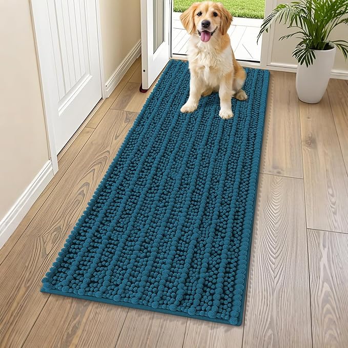 Smiry Dog Door Mat for Muddy Paws 59x24, Extra Soft Absorbent Chenille Doormat, Trap Moisture and Dirt, Non-Slip Machine Washable Front Door Mat for Indoor Entrance Inside Floor, Atlantic Blue