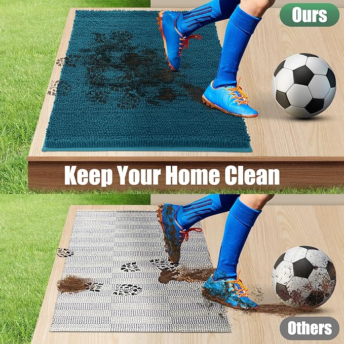 IM HOME Chenille Absorbent Outdoor Doormat 30" x 20", Washable Muddy Door Mats for Dog Non Slip Indoor Doormat Dog Mat for Muddy Paw Front Inside Doormats for Entryway Teal Blue