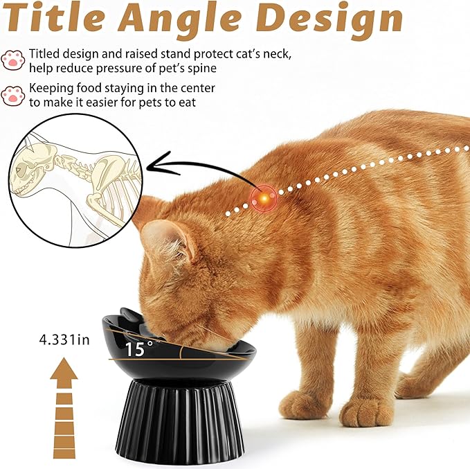 Wellbro Ceramic Raised Cat Bowl，Tilted Raised Bowl Anti Vomit for Indoor Cats Whisker Friendly Pet Feeder for Cats Puppies, Microwave and Dishwasher Safe (Black)