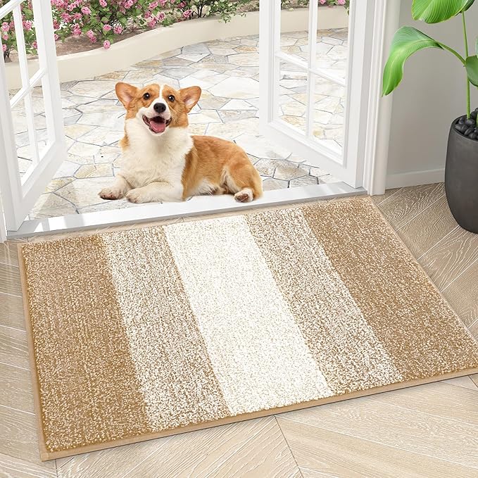 Smiry Dog Door Mat for Muddy Paws, Absorbs Moisture and Dirt, Low-Profile Entryway Mat with Non-Slip Backing, Entry Indoor Outdoor Doormat for Inside Floor (30x17 Inches, Beige, Striped)