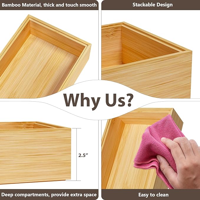 Greatseas Kitchen Drawer Organizer Bins, Stackable Bamboo Drawer Organizer for Silverware, Flatware, Coffee Pod Organizer K Cup Holder for Countertop, 2 Pcs Coffee Station Organizer 12" x 6" x 2.5"