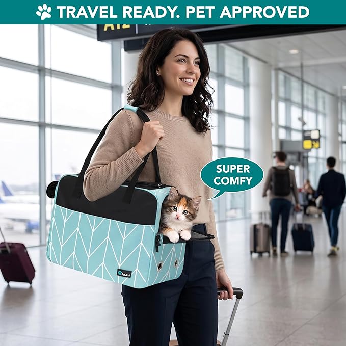 PetAmi Dog Purse Carrier for Small Dogs, Airline Approved Soft Sided Pet Carrier with Pockets, Ventilated Dog Carrying Bag for Puppy Cat, Dog Travel Supplies Bag, Sherpa Bed, Max 12 lbs, Chevron Teal