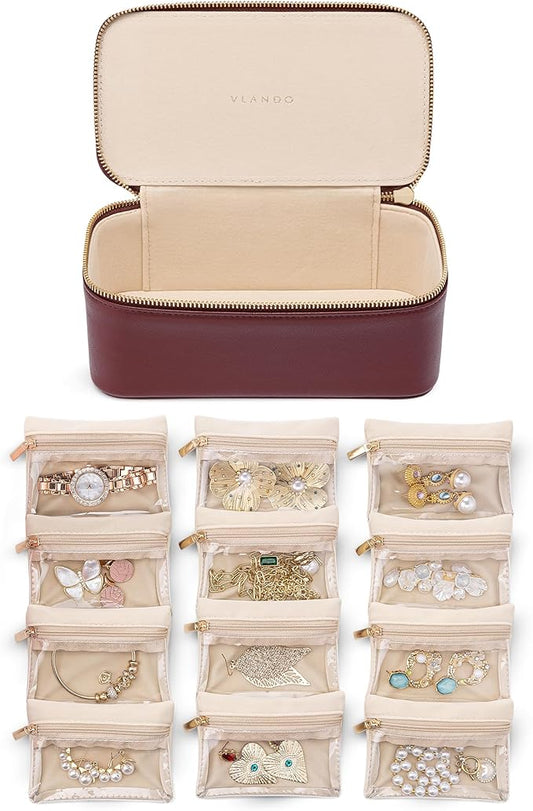 Vlando Jewelry Travel Case,Travel Jewelry Organizer with Clear Velvet Jewelry Bags 12Pcs Zipper Pouch for Women Gifts for Friends Sister-Red