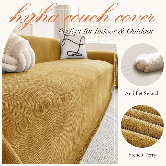 hyha Couch Cover for Dogs, Boho Sofa Covers for 3 Cushion Couch Washable, Chenille Sofa Slipcover for Pets, Soft Loveseat Sectional Couch Throw Blankets with Tassels (Yellow, 88.5x150 Inch)