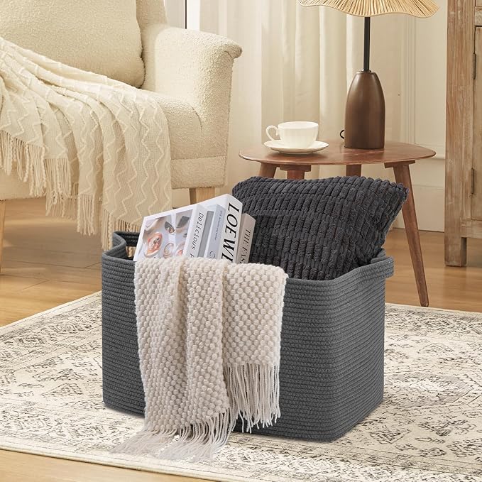 95L Large Blanket Basket, Blanket Storage Living Room, Rectangle Woven Baskets for Storage Toys, Towels, Dirty Clothes Organizer Bins (Dark Grey)