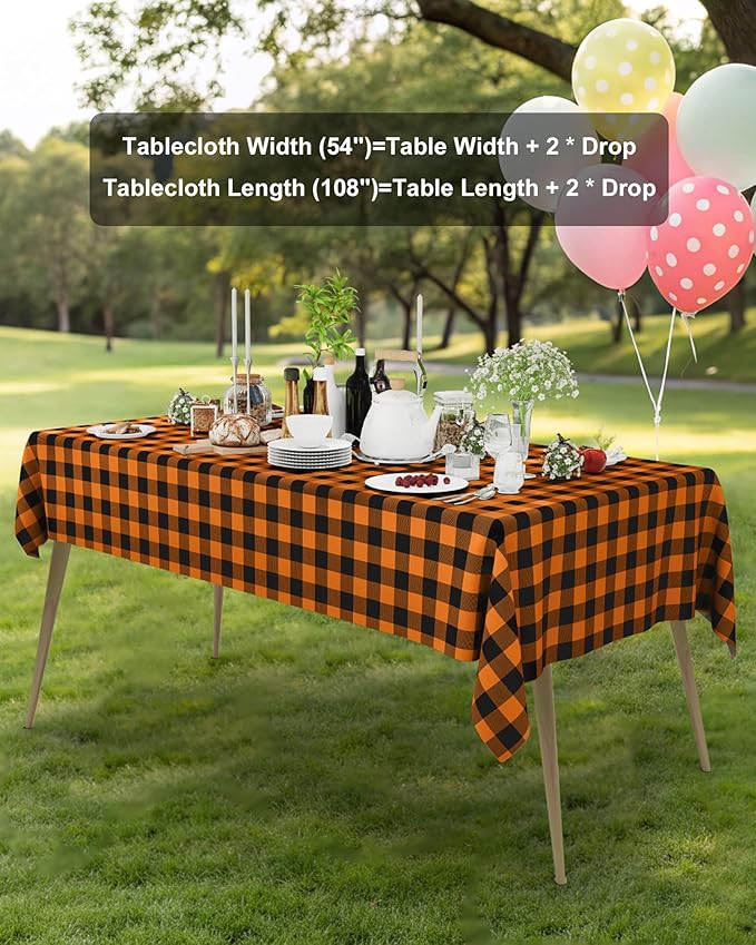 Smiry 8 Packs Gingham Disposable Table Cloth, 54 x 108 Inch Waterproof Plastic Tablecloth, Rectangle Black and Orange Checkered Table Covers for Picnic, Birthday, Party