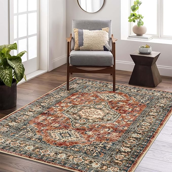 Lahome Oriental Area Rug, 3x5 Washable Rugs for Living Room Non Slip Entry Mat, Vintage Soft Pet Friendly Throw Carpet for Entryway Bedroom Dinning Room Eleanor, Brick Red