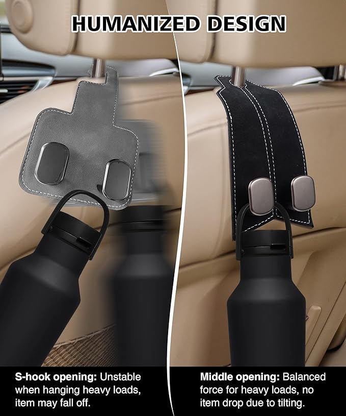 Purse Hook for Car, Car Hooks for Headrest Car Seat Hooks Purse Hanger for Car 100% Metal & Premium Leather 2025 Latest Car Organization Accessories for Bags, Purses, Phones etc (Black 2Pcs)