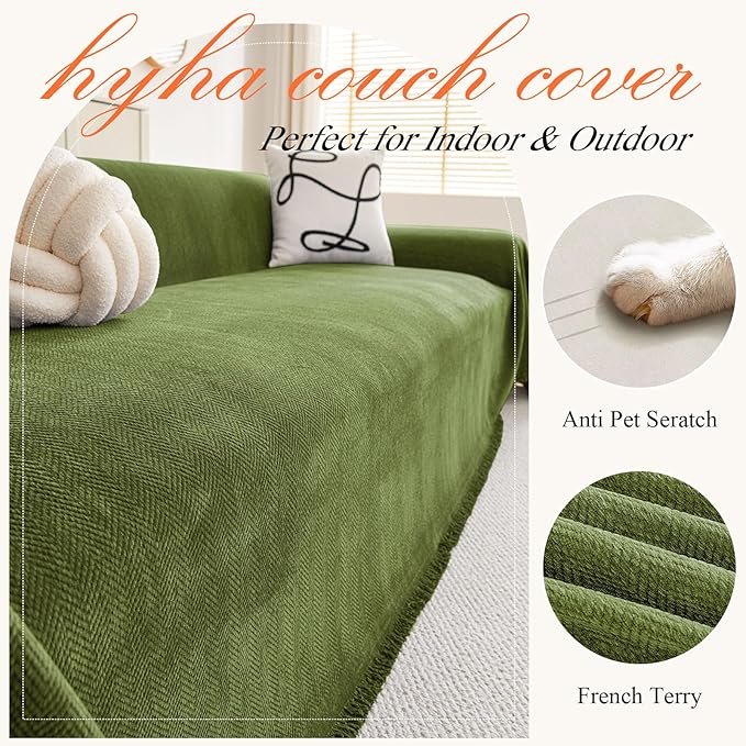 hyha Couch Cover for Dogs, Boho Sofa Covers for 3 Cushion Couch Washable, Chenille Sofa Slipcover for Pets, Soft Loveseat Sectional Couch Throw Blankets with Tassels (Green, 71x91 Inch)